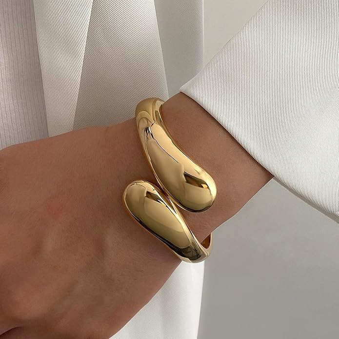 Gold Silver Bangles Bracelet for Women Trendy, 14K Gold Plated Dainty Thick Chunky Cuff Bracelet Stack