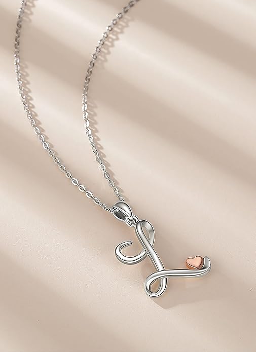 CELESTIA 925 Sterling Silver Initial Necklaces 26 Letter with Rose Gold Heart - 18 Inch Chain