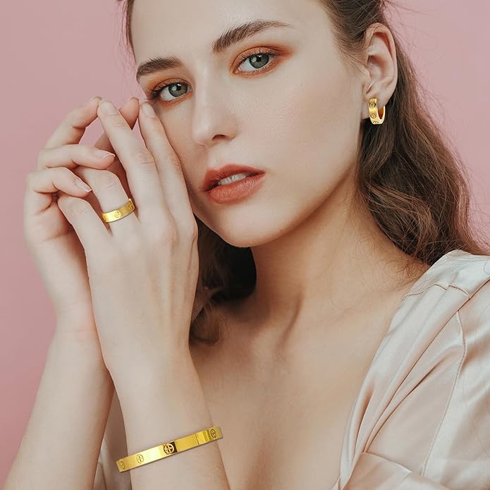 3 Pcs Hoop Earrings Bracelets Ring Sets for Women-18K Gold Plated Love Bracelet Cubic Zirconia Cuff Bangle Hoop Earrings Friendship Love Ring Jewelry Set,Wedding Party Christmas Valentine's Day Birthday Gifts for Her Girlfriend Sister Daughter