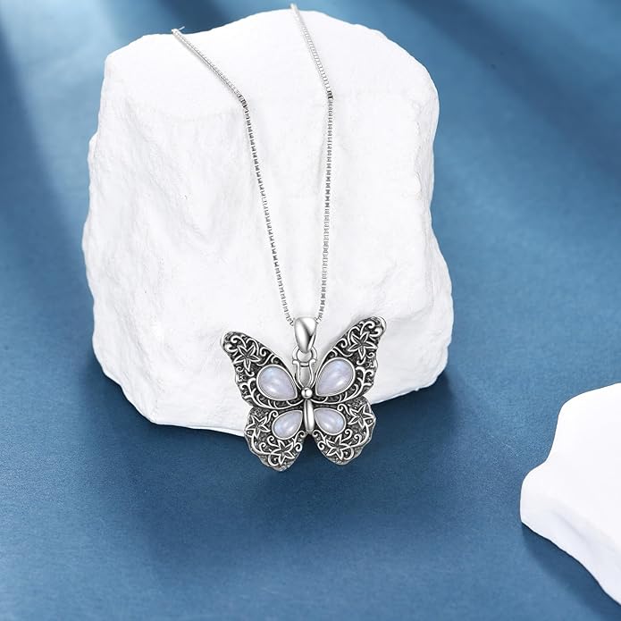 Butterfly Moonstone Necklace, 925 Sterling Silver Vintage Pendant with Natural Gemstone, Boho Hypoallergenic Jewelry Gift for Her