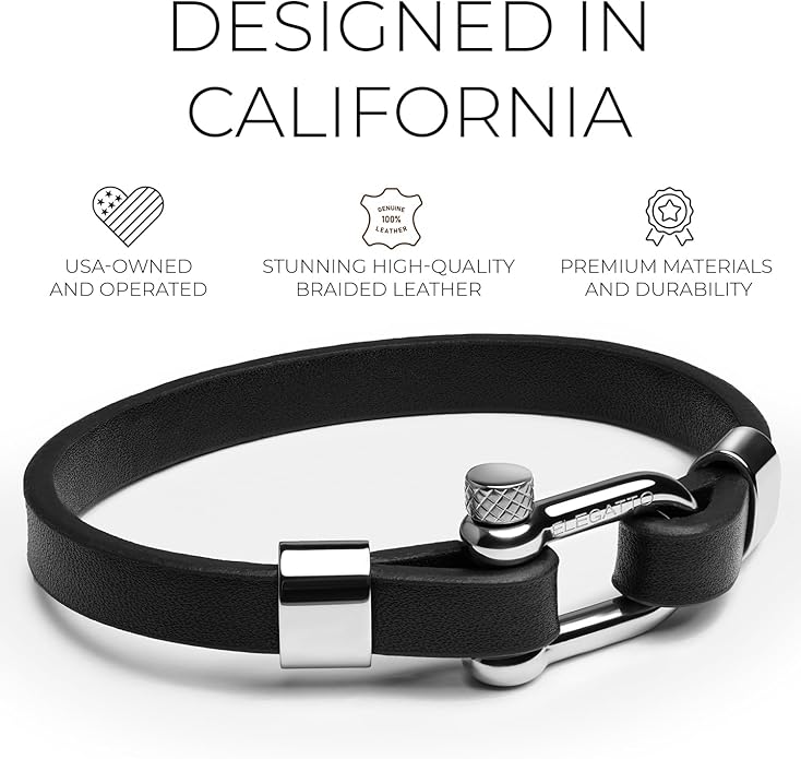 Elegatto Morelle Premium Leather Bracelet for Men | Full-Grain Black Leather with Silver Polished Stainless Steel Shackle Closure | Men’s Designer Jewelry