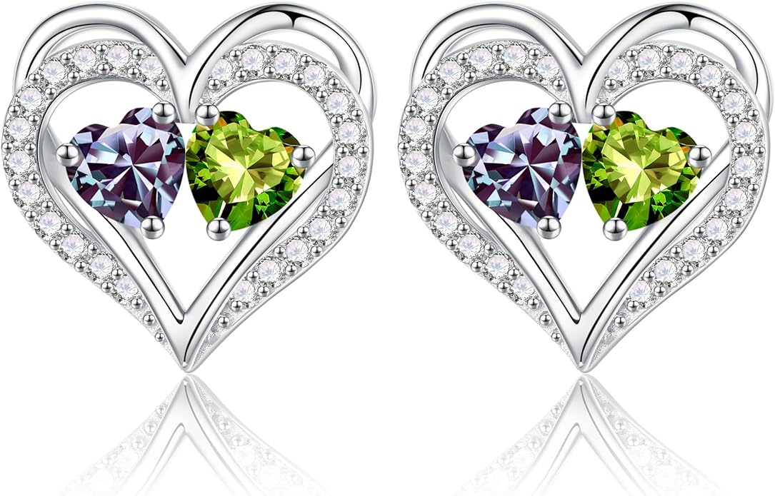 Iefil Birthstone Earrings for Women - 925 Sterling Silver Heart Earrings Anniversary Birthday Gifts for Women Wife Girlfriend Mom
