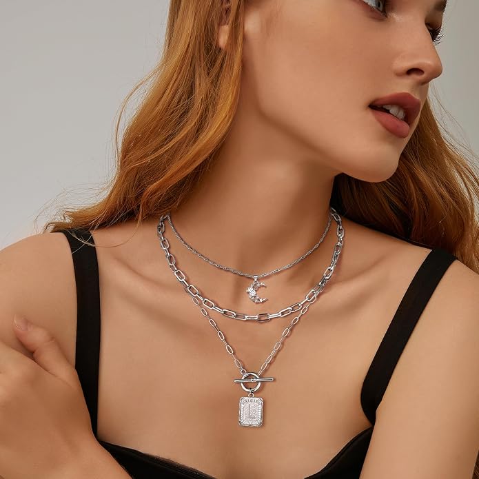 MJartoria Layered Initial Necklaces for Women Trendy, 14K Gold Plated Brass Simple Moon Choker Square Letter Pendant Necklace, Paperclip Chain Necklaces Jewelry Gifts