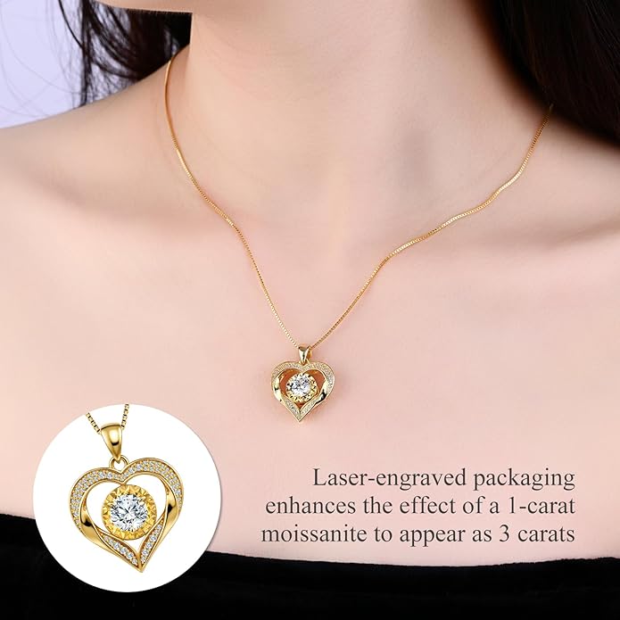 Moissanite Necklace for Women 14k Gold Heart Necklaces Moissanite Pendant for Woman 1 Carat - Luxury Love Jewelry Gift for Anniversary, Birthday and Christmas - Jewelry for Wife from Husband