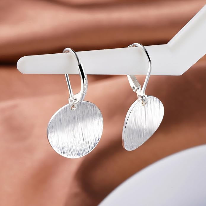 14K Gold Dangle Earrings for Women，Lightweight Circle Disc Coin Geometric Flat Brushed Drop Earrings, Hypoallergenic Leverback Earrings S925 Jewelry
