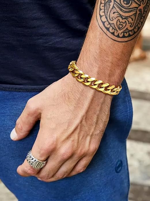 U7 Link Bracelets for Men, Cuban Link/Rope/Watch Band Solid Bracelet, Silver Black Gold Color Wrist Bracelet 3/6/9/12/15mm Width, 6.5/7.5/8.3 Inch Length, Hand Chain Jewelry for Mens Women