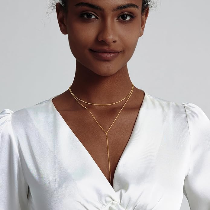Lariat Gold Necklace for Women, Dainty Long Necklace 14k Gold Plated/Silver Y-Shaped Layered Beaded Chain Drop Necklaces for Women Trendy Simple Gold Jewelry for Women Gifts