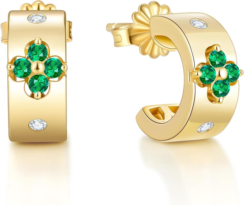 Premium Emerald&Moissanite Clover Hoop Earrings for Women Gifts Nickel Free|D Color VVS1 Clarity 3EX Cut|S925 Sterling Silver 18K Gold Plated Non Tarnish