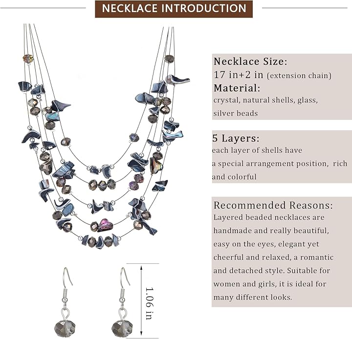 Multi-Layer Boho Shell Beaded Necklace for Women Colorful Crystal Strand with Silver Beads Statement Collars Necklace and Earrings Costumes Jewelry Sets for Women
