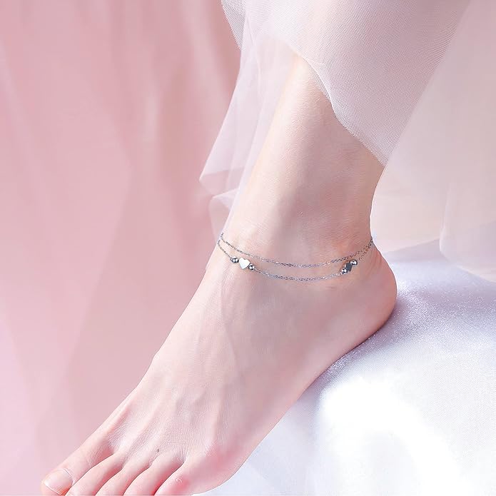 Anklet for Women S925 Sterling Silver Adjustable Foot Evil Eye Starfish Heart Bead Butterfly Celtic Knot Cross Multilayer Layered Ankle Bracelet Jewelry
