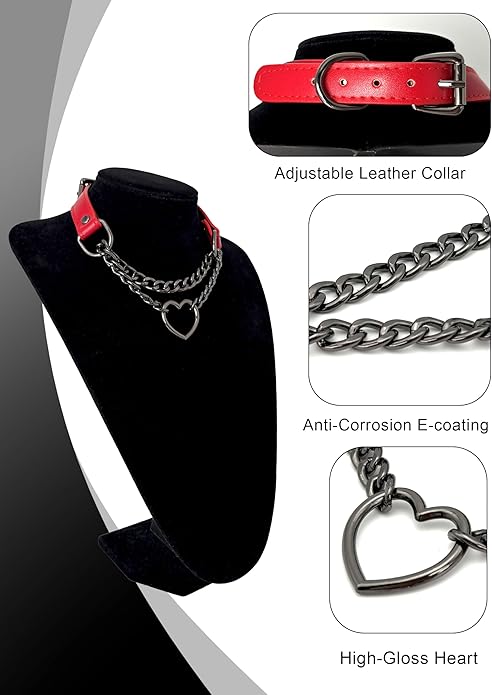 Black Leather Choker Collar For Women, Handmade Heart Slip Chain Choker Long Necklace with Adjustable Buckle