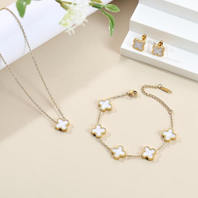 Lucky Clover Sets, 18K Gold Plated Four Leaf Bracelet, Necklace Pendant, Earrings for Women Flower Link Bracelets Set Jewelry Gifts for Women
