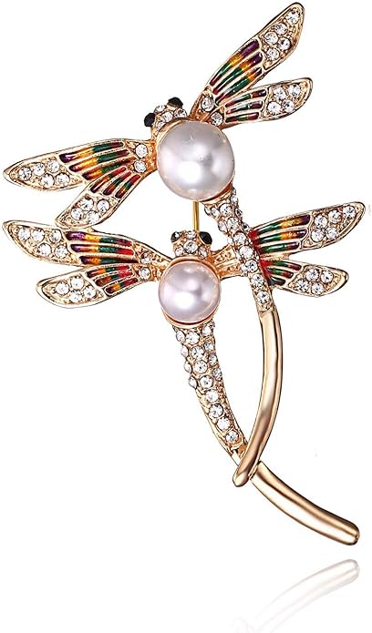 AILUOR Elegant Dragonfly Brooch Pins, Gold Tone Austrian Crystal Colorful Enamel Double Dragonfly Simulated Pearl Rhinestone Brooch Jewelry