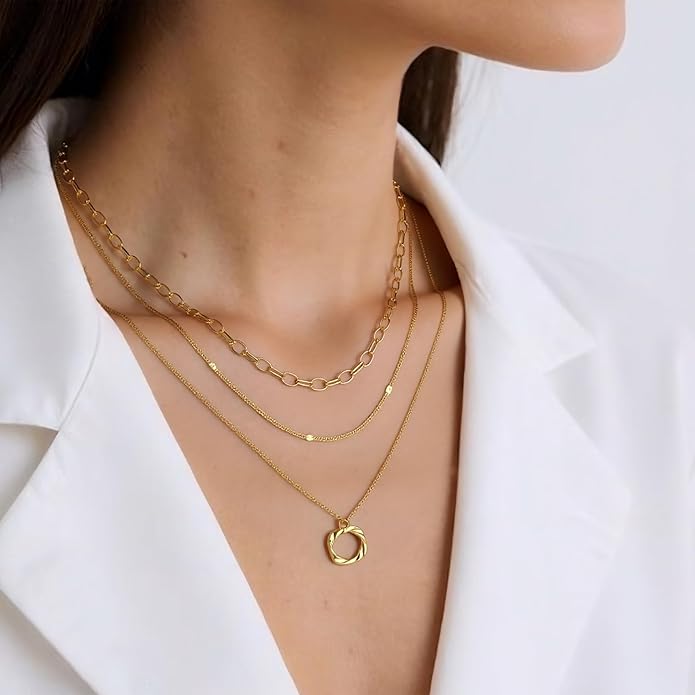 Gold Necklaces for Women Trendy Layered Circle Paperclip Pendant Choker Jewelry