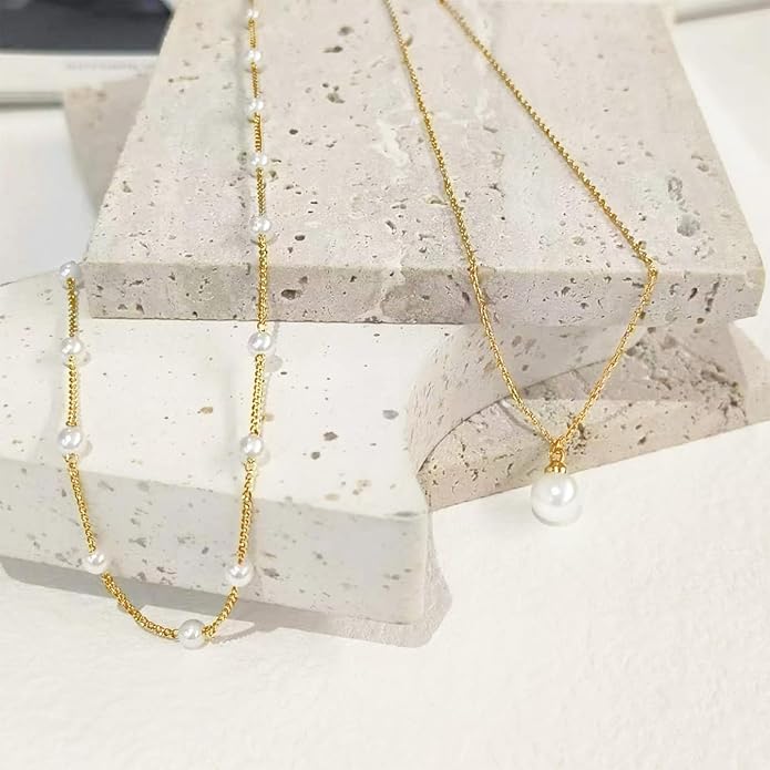 Gold Jewelry Set for Women - Dainty 14K Gold/Silver Plated Pearl Choker Necklace, Drop Earrings & Bracelets - Wedding Trendy Pearl Jewelry Gift