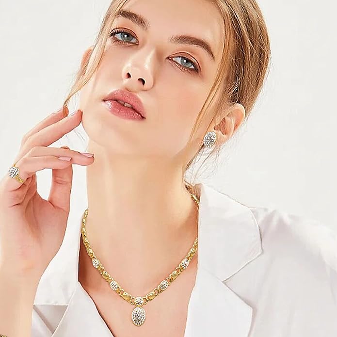 Gold Jewelry Sets for Women 18K Gold/Silver Filled Jewelry Necklace Set Wedding Bridal Fashion Jewelry Sets Women Accessories Bracelets Earrings and Rings Sweetheart Gifts