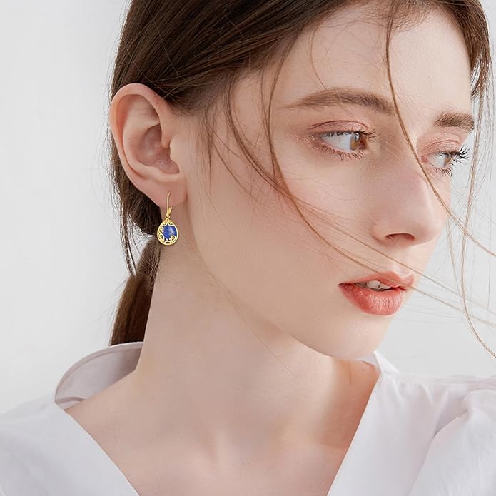 Filigree Earrings Sterling Silver Teardrop Moonstone Moss Agate Lapis Lazuli Larimar Emerald Peridot Opal Dangle Dangly Drop Leverback Earrings Boho Jewelry Gifts for Women