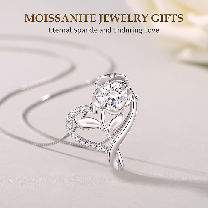 Moissanite Heart Necklaces for Women, 18K White Gold Plated 925 Sterling Silver 1-3CT Moissanite Pendant Jewelry Wedding Anniversary Birthday Christmas Gifts for Wife Mom Girlfriend Sister Grandma
