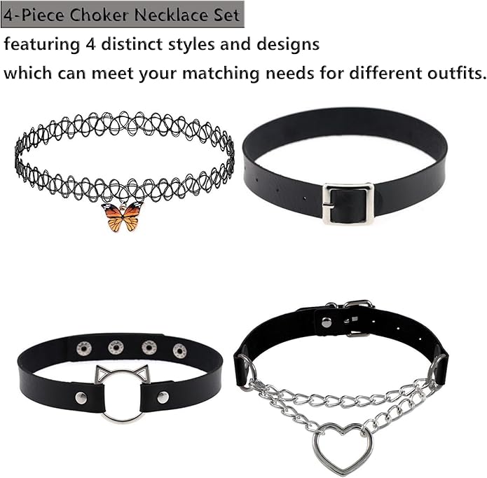 4 Pcs Choker Necklace For Women Black Adjustable Layered Velvet Leather Lace Collar Necklace Goth Jewelry Gifts