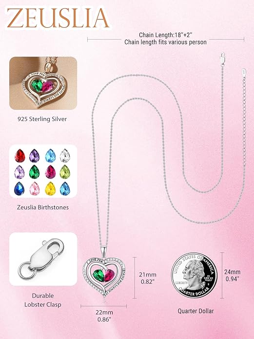 Zeuslia Double Birthstone Necklace Gifts for Wife - 925 Sterling Silver Sunflower/Rose/Crown Cross/Compass/Heart Pendant I Love You Necklace, Anniversary Birthday Gifts for Wife Girlfriend Mom Her