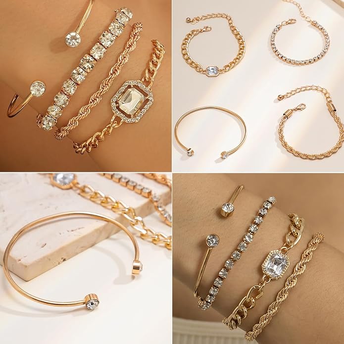 IFNODO 28pcs Gold Chain Bracelets Set for Women 14K Gold Plated Multiple Layered Bangle Adjustable Link Bracelet Anklet Fashion Accessories Jewelry Gift