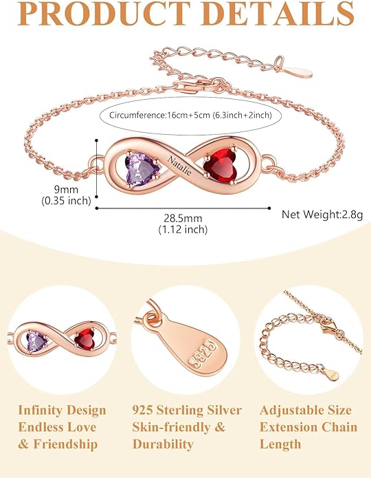 Custom4U Personalized Infinity Love Symbol Link Bracelets for Women 925 Sterling Silver Birthstone Bracelet Adjustable Engraved Chain Christmas Mother's Day Birthday Jewelry Gifts for Mom Her