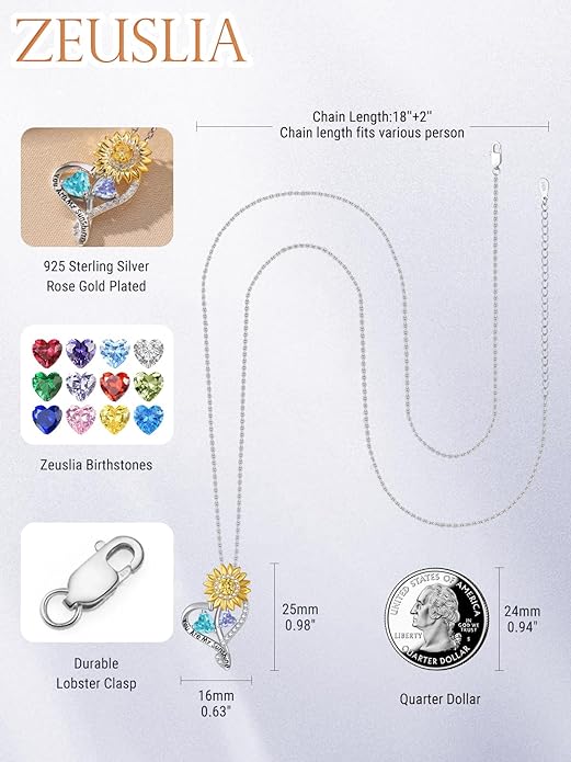 Zeuslia Double Birthstone Necklace Gifts for Wife - 925 Sterling Silver Sunflower/Rose/Crown Cross/Compass/Heart Pendant I Love You Necklace, Anniversary Birthday Gifts for Wife Girlfriend Mom Her