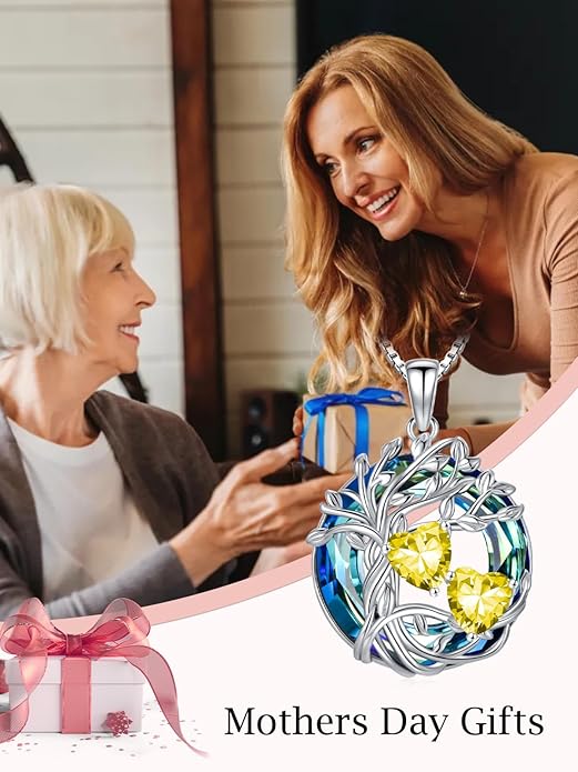 TOUPOP s925 Sterling Silver Family Celtic Tree of Life Pendant Necklaces with 2 Heart Birthstone with Blue Austrian Crystal Jewelry Birthday Anniversary Christmas Gifts for Her Wife Girlfriend Mom (18K Real White Gold Filled)