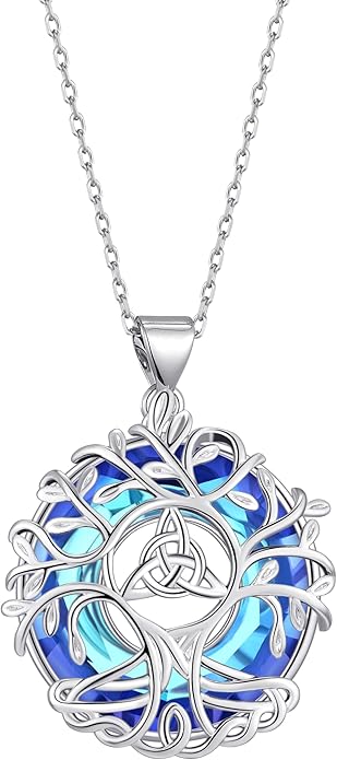 Tree of Life Pendnat Sunflower/Celtic Necklace with Blue Crystal Tree Jewelry Gifts for Women