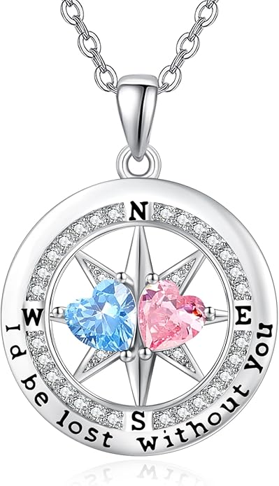 JIYVY32 Compass Birthstones Necklace for Women, Exquisite S925 Necklace Anniversary Birthday Gifts for Wife Her Double Birthstone Pendant jewelry ‘I'd be Lost Without You’