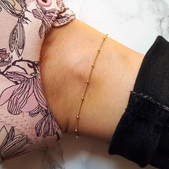 Dainty Ankle Bracelets for Women 18K Gold Plated Satellite Beaded Herringbone Chain Anklets Simple Lip Chain Anklet Minimalist Summer Beach Foot Jewelry Christmas