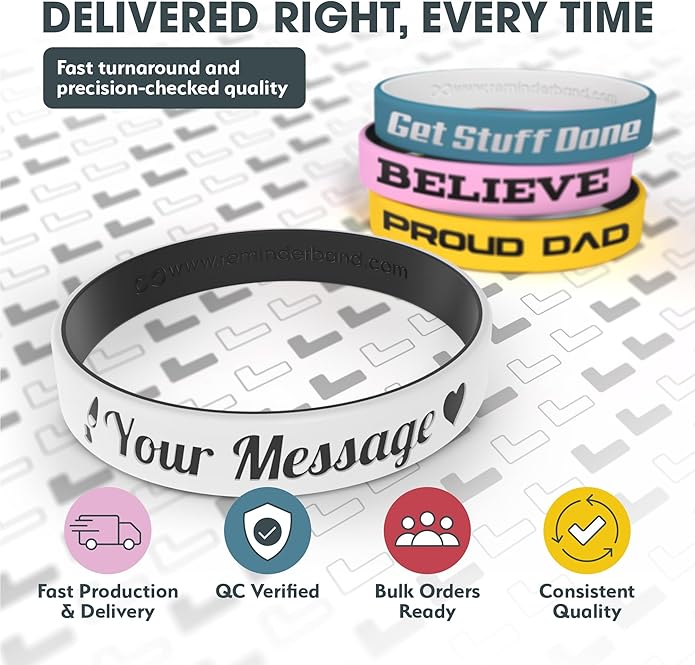 Reminderband Custom 100% Silicone Luxe Wristbands – Personalized Motivational Bracelets, Bulk Rubber Bands for Events, Fundraisers, Awareness, Gifts - Hypoallergenic Bands