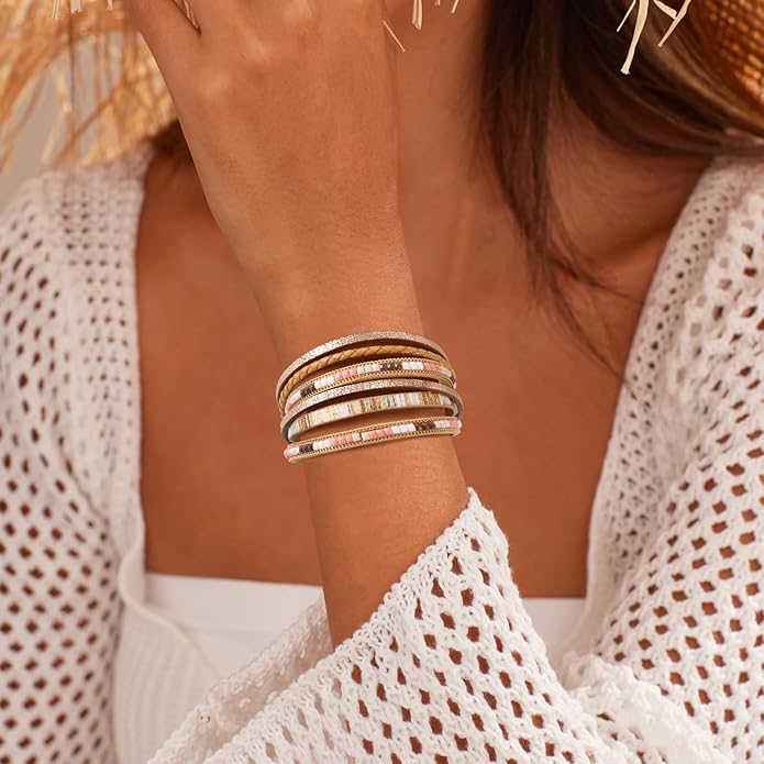 ENGCKSHI Wrapped Bracelets for Women,Leather Bracelet,Boho Bracelets for Women,Multi-Layer Pearl Crystal Bracelet Bangle Jewelry