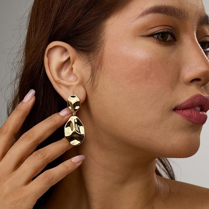 Hefanny Large Hammered Teardrop Dangle Earrings Geometric Chunky Flower Earrings Women's Trendy Statement Jewelry Multiple Styles
