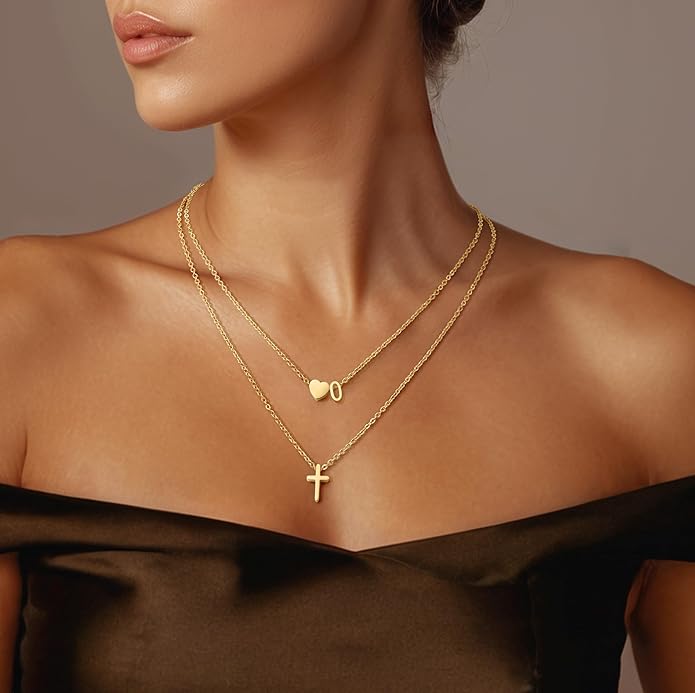 Cross Necklace, Layered Initial Necklaces for Women,Dainty 18K Real Gold Plated Heart Initial Necklace, Personalized Gifts for Women Teen Jewelry