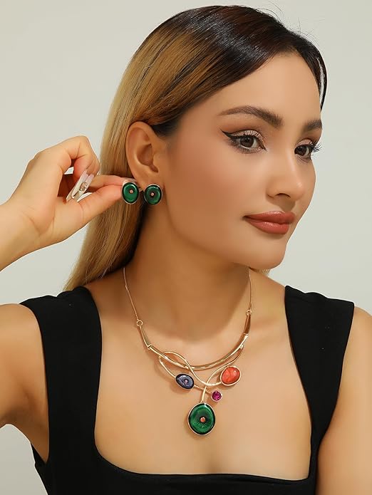 Chunky Statement Jewelry Set Vintage Retro Leaf Flower Floral Geometric Bohemian Boho Bib Necklace Earring Set Fashion Costume Jewelry for Women Girls Wedding Party Prom Unique Gift