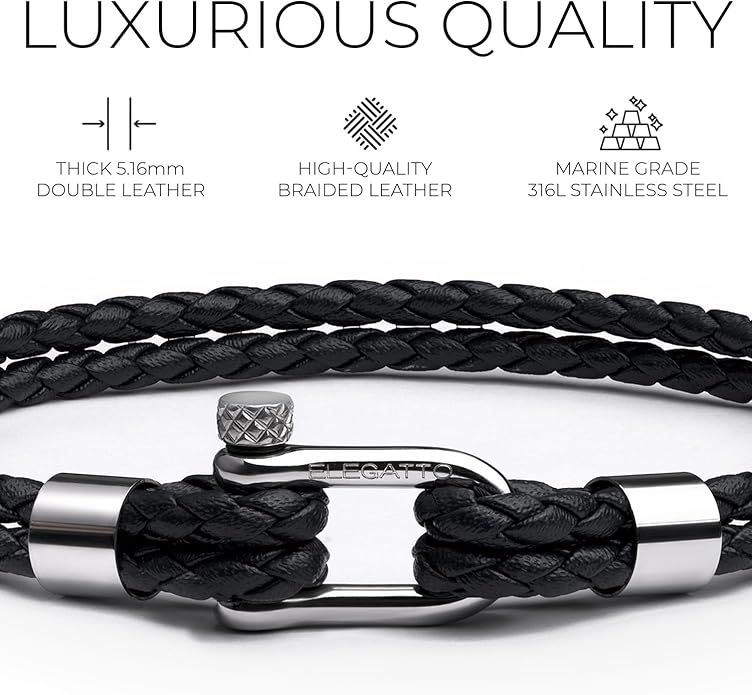 Elegatto Helix Premium Vintage Leather Bracelet for Men | Double Black Leather Strands with Sterling Silver Polished Mini Shackle Closure | Men’s Designer Jewelry