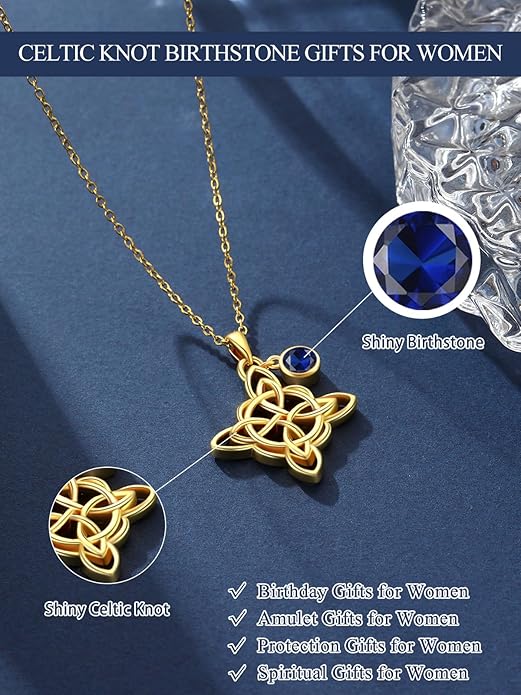 Witches Knot Necklace for Women, 14K Gold Celtic Knot Cross Jewelry with Triquetra Trinity with Birthstone Pendant, Birthday Witchy Spiritual Gifts for Her Wife Mom Grandma, 18+2 Inch Chain