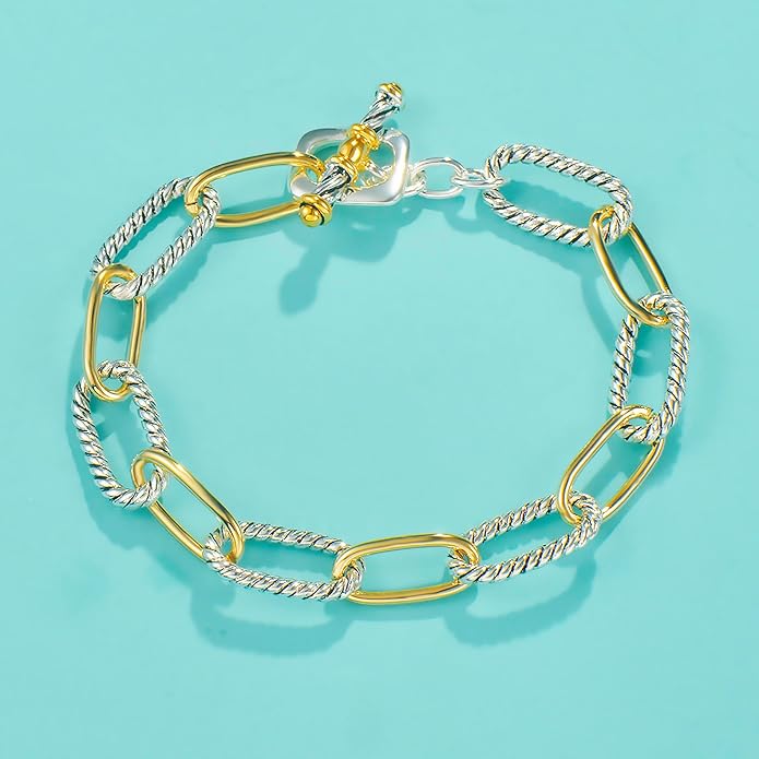 UNY JEWEL Twisted Cable Wire Link Chain Bracelet Two Tone Designer Brand Inspired Women Jewelry Valentine (2 Tone)