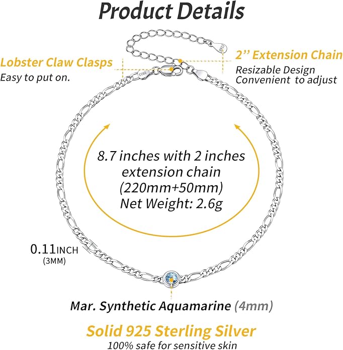 ChicSilver Sterling Silver Anklets Bracelets for Women, Figaro Chain Heart/Round Birthstone Anklet for Women Waterproof, Dainty Herringbone Ankle Bracelet Summer Beach jewelry