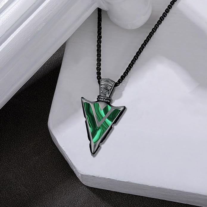 Suiknsn Arrowhead Necklace for Men Women 925 Sterling Silver Turquoise Malachite Celtic/Eye of Horus/Viking Arrow Pendant Amulet Jewelry Gifts Native American Necklace