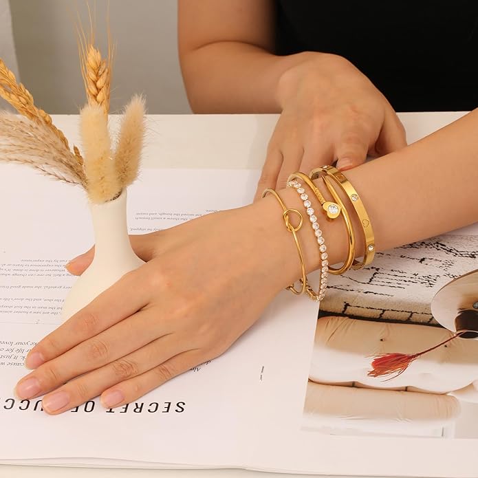 FAFUGA 18 K Gold Plated Love Bangle Bracelet Stack Cuff Jewelry for Women Jewelry Set for Women Gift with Box