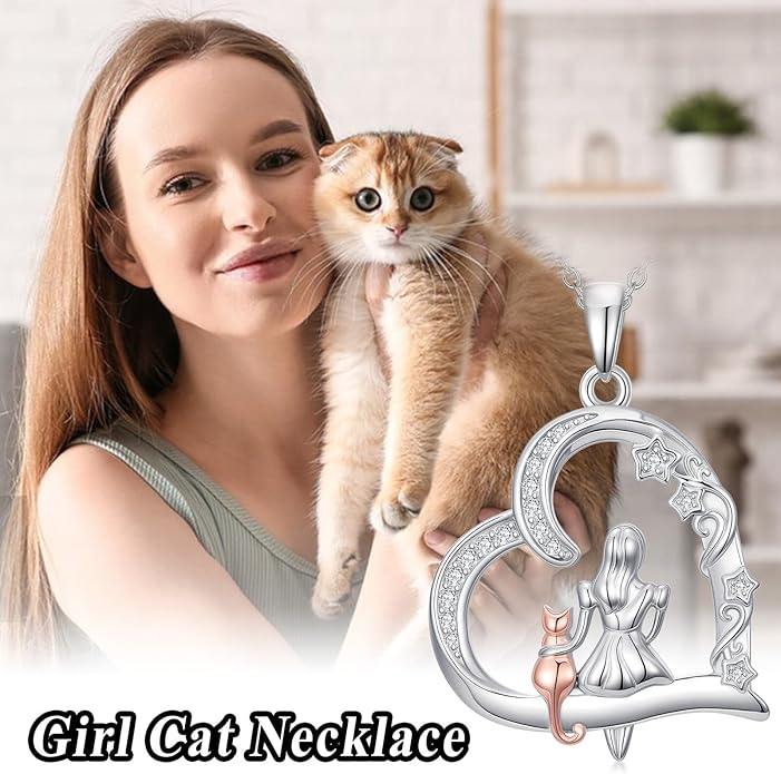 Cat Gifts for Women 925 Sterling Silver Heart Moon Cat Necklace Pendant Women Jewelry Halloween Christmas Gifts