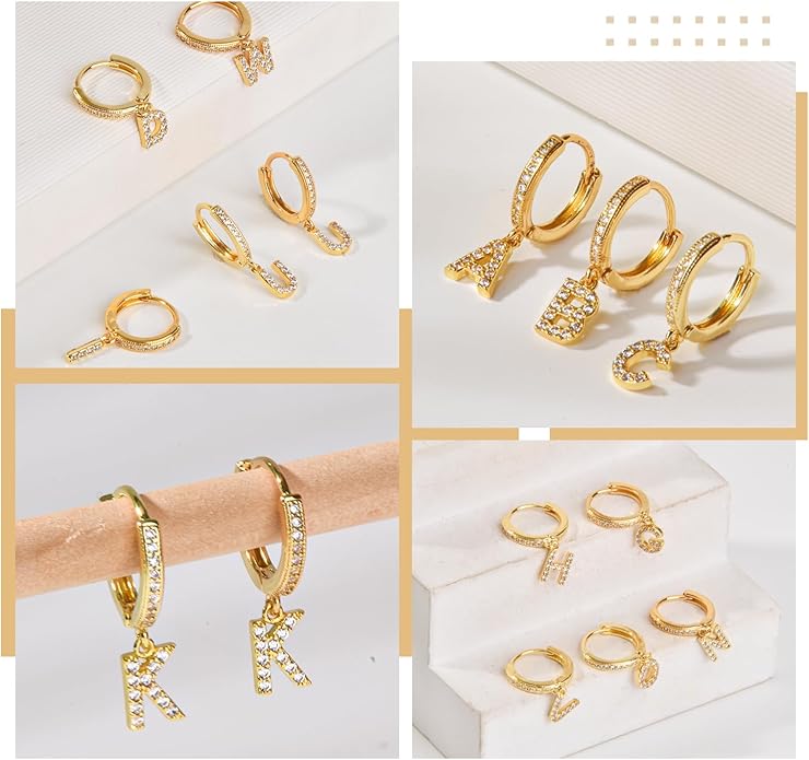 18K Gold Filled Initial Dangle Hoop Earrings for Women, 1 Pair CZ Hypoallergenic Alphabet Letter A-Z Drop Dangle Dainty Gold Earrings, Small Huggie Hoop Earrings with Cubic Zirconia Gifts Jewelry