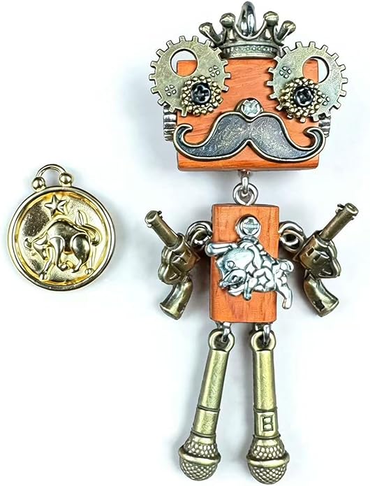 Steampunk Wooden Robot Pendant Necklace， Handmade Punk Style Pendant Zodiac Necklace for Men Women，Creative Birthday Gift