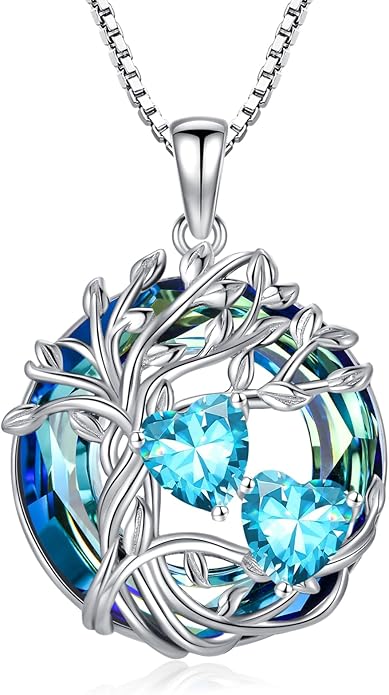 TOUPOP s925 Sterling Silver Family Celtic Tree of Life Pendant Necklaces with 2 Heart Birthstone with Blue Austrian Crystal Jewelry Birthday Anniversary Christmas Gifts for Her Wife Girlfriend Mom (18K Real White Gold Filled)