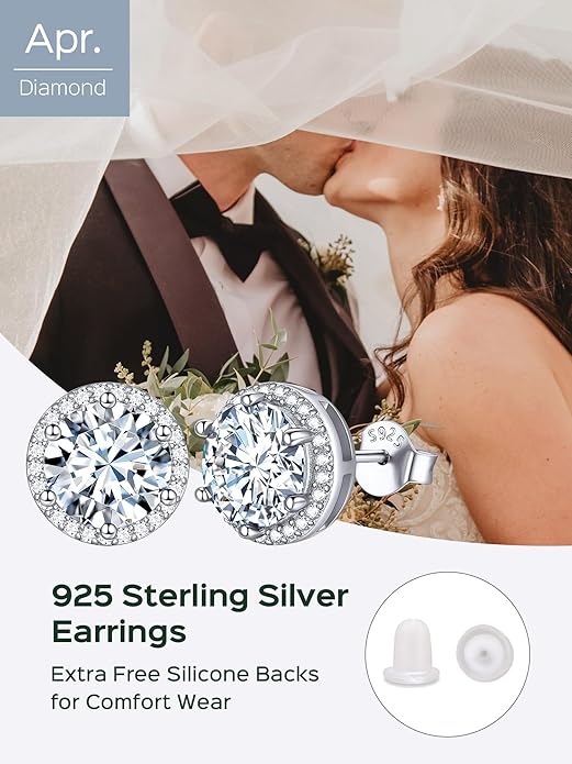 ChicSilver 925 Sterling Silver Birthstone Earrings for Women, 8MM/2 Carat Heart & Round Cubic Zirconia Stud Earrings, Hypoallergenic Jewelry, Ideal Birthday or Christmas Gifts
