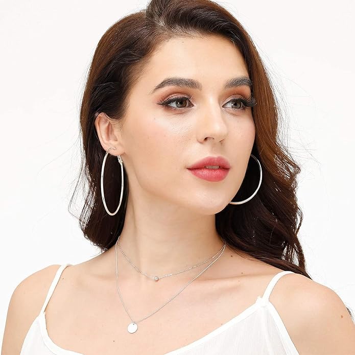 3 Pairs Sterling Silver Hoop Earrings, 14K White Gold Plated Big Hoop Earrings Set for Women 40 50 60MM
