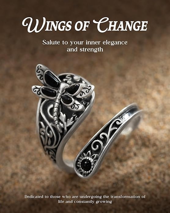 S925-Sterling-Silver Abalone Dragonfly-Turquoise Spoon Ring - Vintage Boho Sunflower Thumb Oxidized Wrap Rings Victorian Style Antique Floral Jewelry Gifts for Women