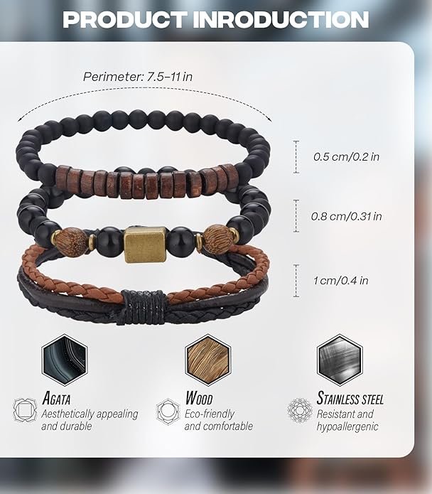 3pc Mens Beaded Bracelets Silver Stainless Steel Chain Bracelet for Men Handmade Braided Bracelet Sets Jewelry Gifts for Men